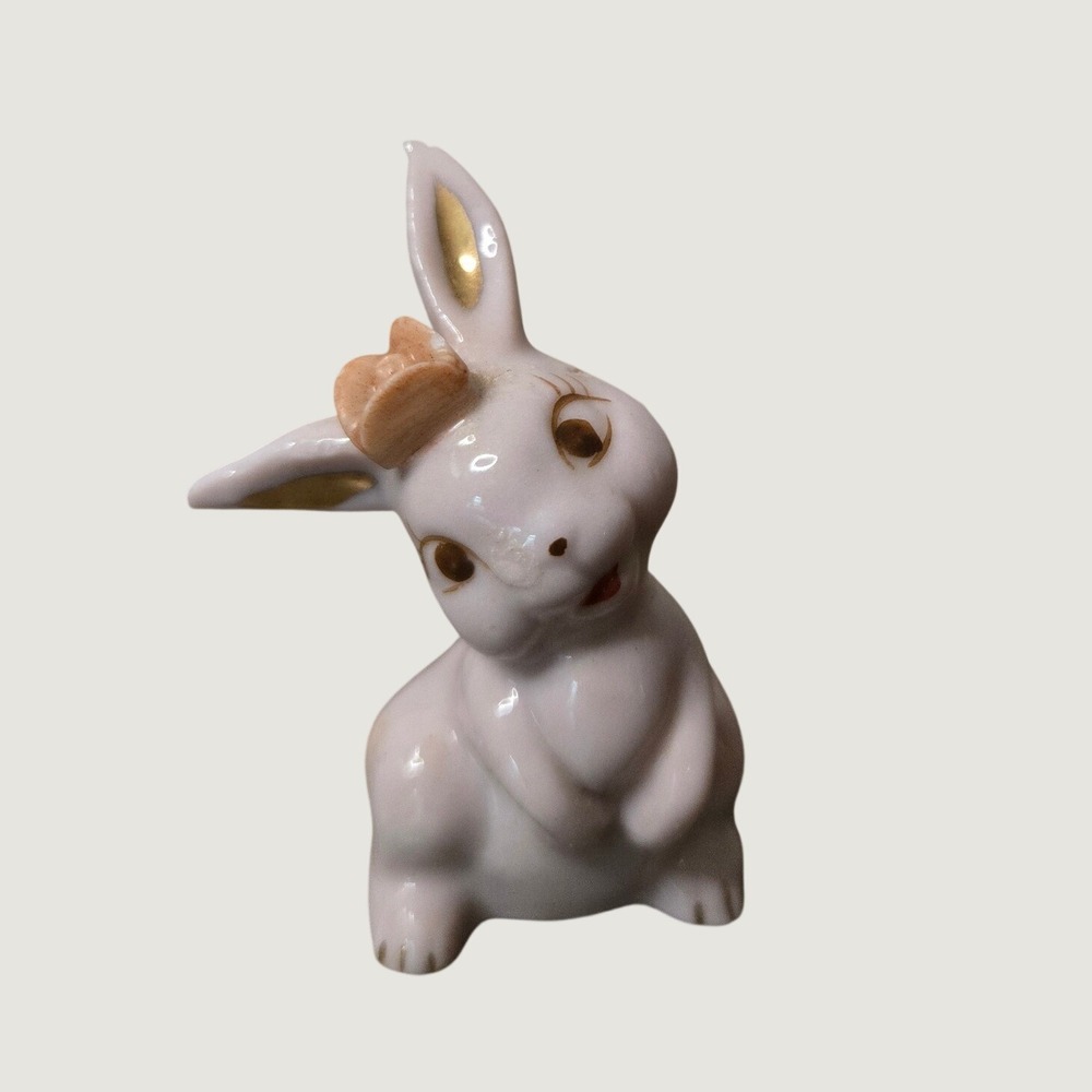 Vintage Japan Porcelain Bunny Rabbit Figurine Pink Flower Gold Trim Easter Decor